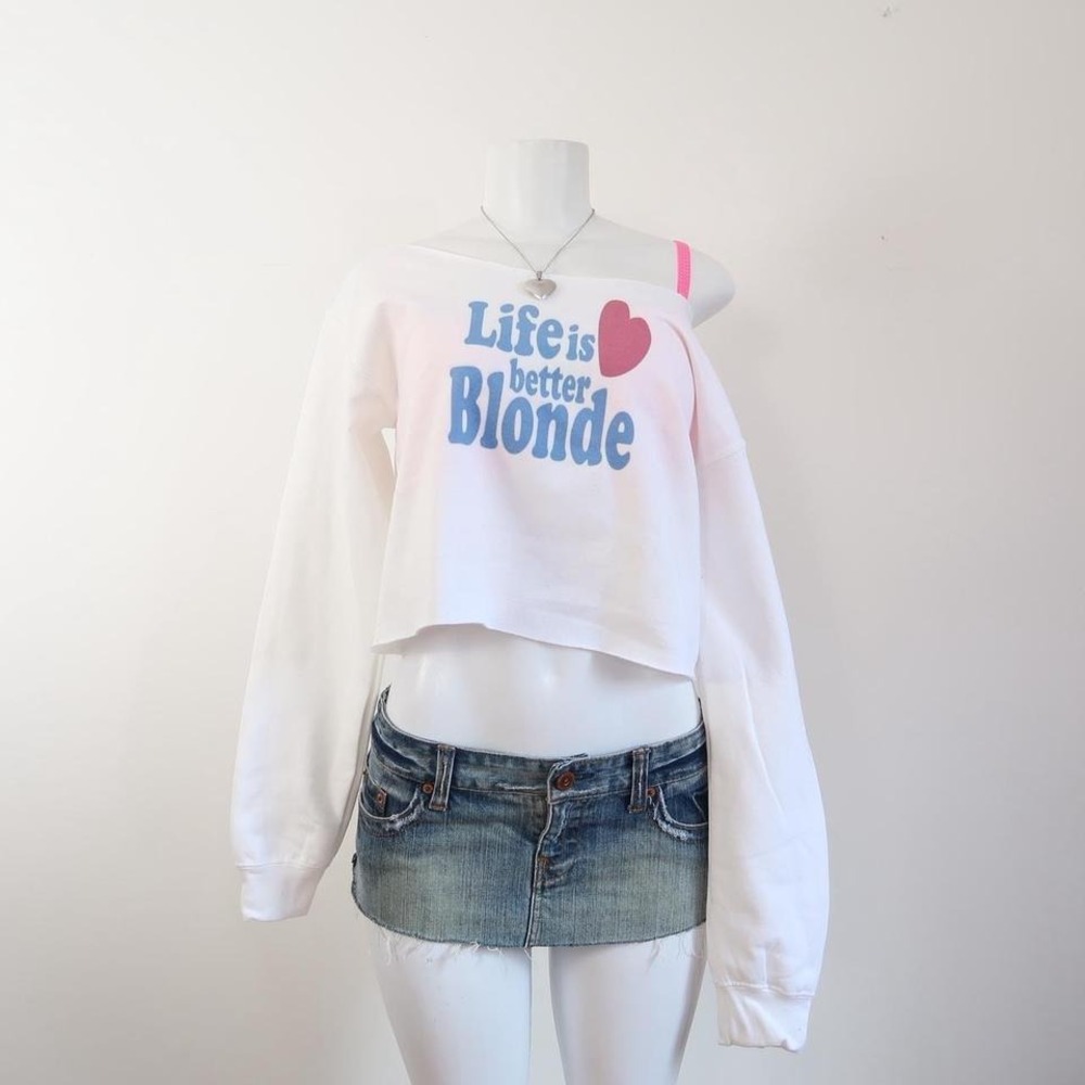 y2k life is better blonde graphic off shoulder cropped sweatshirt mcbling - Picture 3 of 6